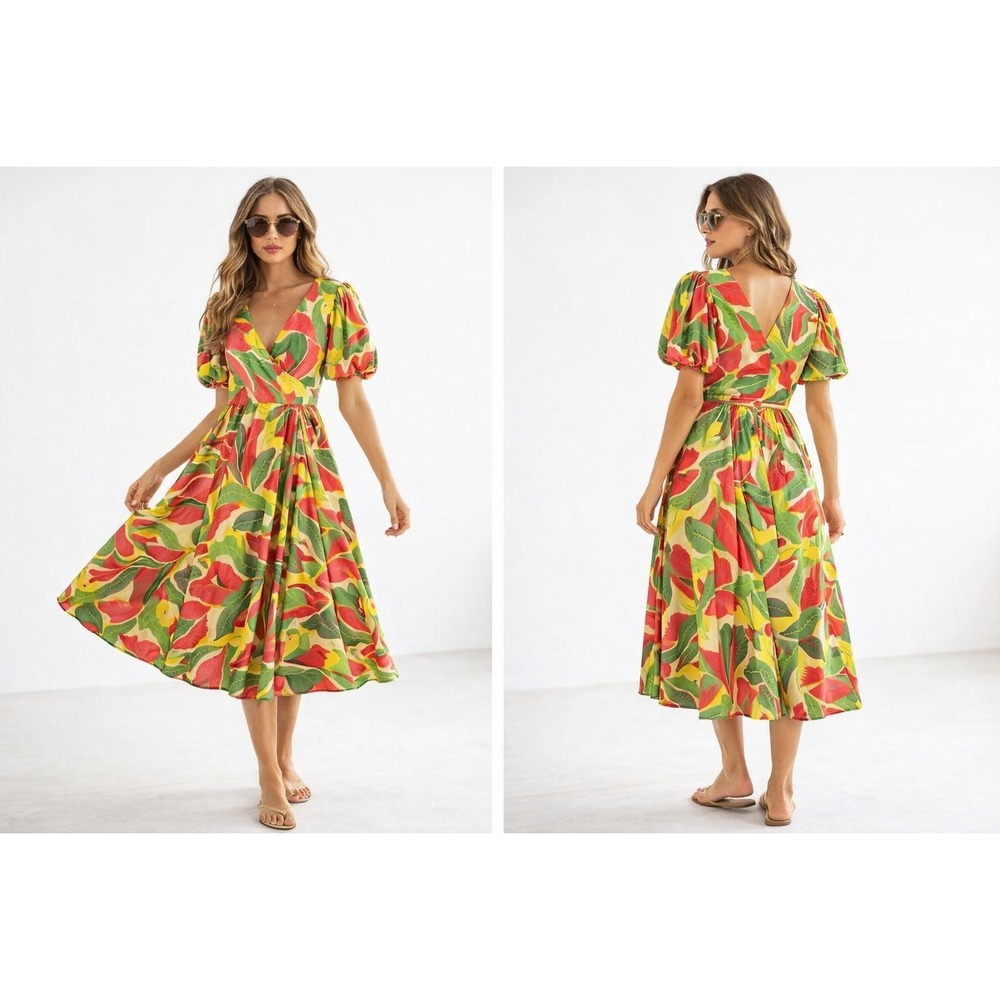 Mixed by Nasrin Womens‎ Vacation Tropical Puff V Neck Quiet Luxury M Dress